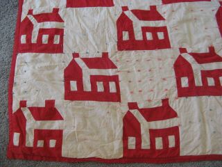 Vintage Hand Tied Red & White House Pattern Garden Quilt,  Needs TLC 3