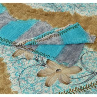 Sanskriti Vintage Indian Printed Pure Crepe Silk Saree Blue Sari Craft Fabric