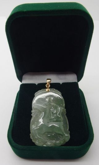 585 14ct Solid Gold Large Natural Jadeite Jade Pendant Horse Carving 7