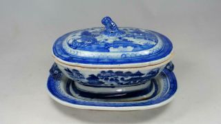 Small Antique 19th C Chinese Export Blue White Porcelain Bowl Tray Pig 