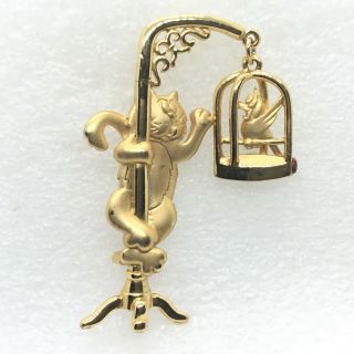 Signed Jj Vintage Cat Stalking Bird In Cage Brooch Pin Gold Tone Costume Jewelry