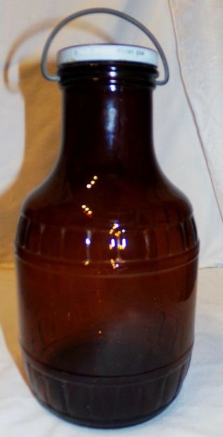 Vtg Amber Glass Bottle Bale Vintage W/ Lid 10 " Tall Jar Brown