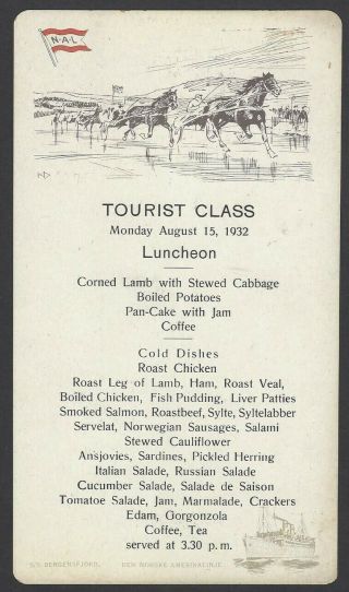 Ss Bergensfjord Den Norske Amerikalinje 1932 Tourist Class Luncheon Menu