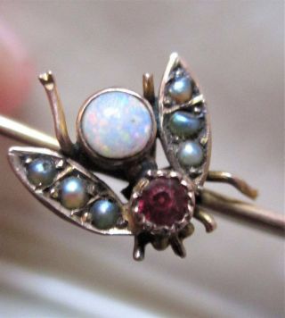 Victorian Antique 9ct Rose Gold Insect Bar Brooch Opal & Pearl.  Bee Fly 9k Carat