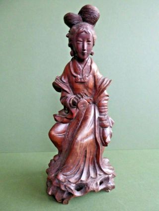 Orig Antique Chinese Qing - Republic Hand Carved Wooden Figure Seated Lady