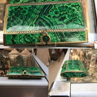 Antique French Or Austrian Malachite Gold Gilded Solid Silver Snuff Box Case