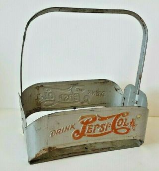 Vintage 1940s Pepsi Cola Embossed Metal 6 Pak Drink Double Dot Bottle Carrier