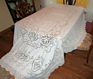 Antique Banquet Size Point De Venise Needle Lace Tablecloth,  Filet Lace,  118 " L