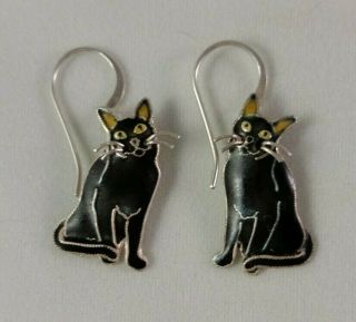 Vintage Black Cat Painted Earrings Sterling Silver Dangle Earrings