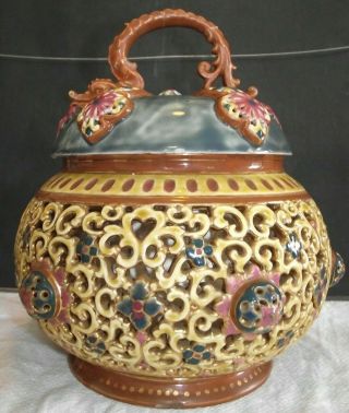 Antique Zsolnay Pecs Humidor Tobacco Jar,  Lid Reticulated Dragon Handle Hungary