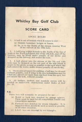 Vintage Stymie Era Scorecard Whitley Bay Golf Club Uk,  Founded 1890