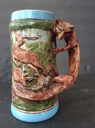 Vintage Beer Stein With A Forest Hunting Scene - Stags & Boars W/ Fox Handle
