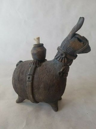 Vintage Art Pottery Oil Lamp Llama / Alpaca Detailed Unusual Artist Signed