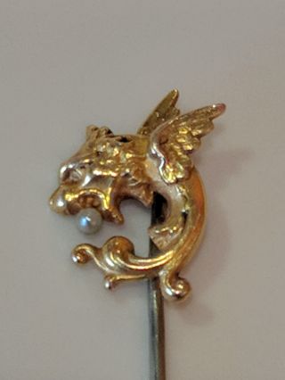 Antique Victorian Yellow Gold Double Winged Griffin Dragon Stick Pin Pearl