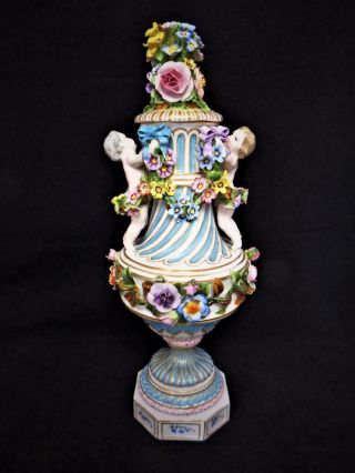 Antique Meissen Porcelain Flower Encrusted Putti Figural Large Urn Vase 1800s