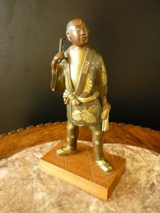 Signed Japanese Late Meiji Gilded Bronze Samurai With Nunchucks On A Wooden Base