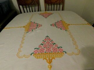 Vtg Hand Embroidered Off White Linen Tablecloth 51x76 Euc
