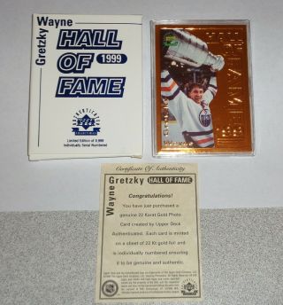 12 - 1999 Upper Deck Wayne Gretzky “hall Of Fame” 22 Kt.  Gold Photo Card W