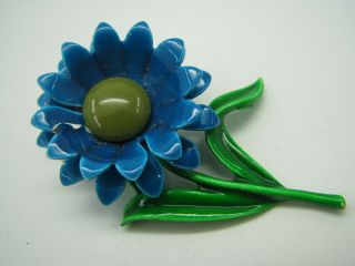 Vintage Enamel Painted Brooch Pin Figural Flower Blue Green Deep Rich Colors