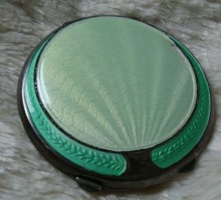 Antique English Art Deco Sterling Silver Green Guilloche Enamel Compact