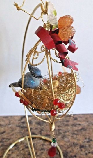 Vintage Blue Jay Bird In Cage With Nest Gold Colored Eggs Christmas Ornament Vgc