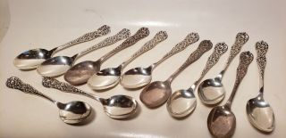 12 Antique Sterling Silver Spoons - Dominick &haff - 9.  9 Ozt - 6 In - Flower Repouse