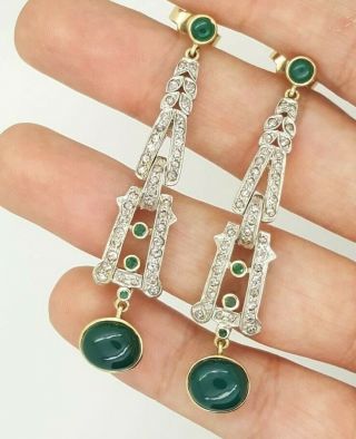 Vintage Antique 14k Yellow Gold Hanging Chandelier Drop Diamond Emerald Earrings