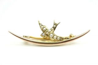 Antique 9ct Gold Swallow Seed Pearl Pin Brooch