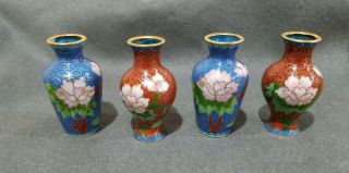 Set Of 4 Vintage Floral Chinese Cloisonne Mini Vases,  Matched Pairs,  Red / Blue
