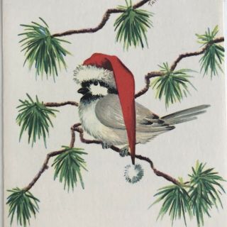 Vintage Mid Century Christmas Greeting Card Bird In A Santa Claus Hat In Tree