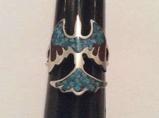 Vintage Sterling Silver Navajo Turquoise Coral Chip Inlay Peyote Bird Ring S6.  5