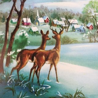 Vintage Mid Century Christmas Greeting Card Deer Looking Over Snowy Village Tree