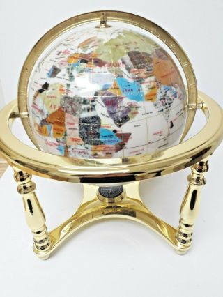 Gemstone Globe Large Semi Precious Stones Mounted On A Brass Stand With Compass