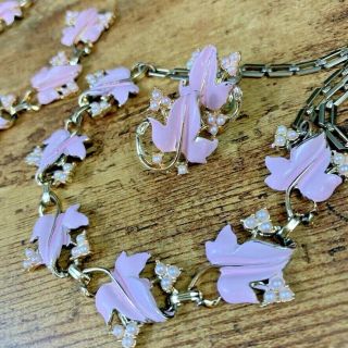 Vintage Coro " Arbutus " Pink Enamel Bead Leaf Vine Necklace Bracelet Earring Set