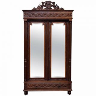 Stunning Hand Carved Wood French Country Mirrored Double Door Armoire Wardrobe