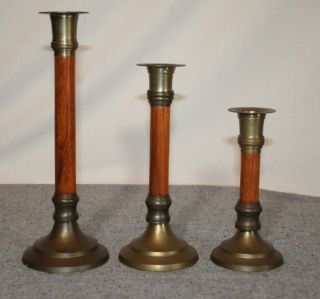 Vintage Wood Brass Graduated Candlestick Holders Set Of 3 India