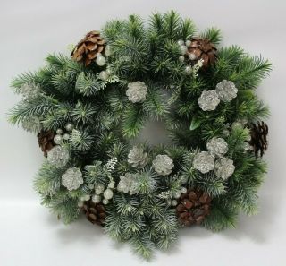 Vtg Plastic Christmas Wreath Candle Ring Centerpiece Silver Pinecones Berries 14
