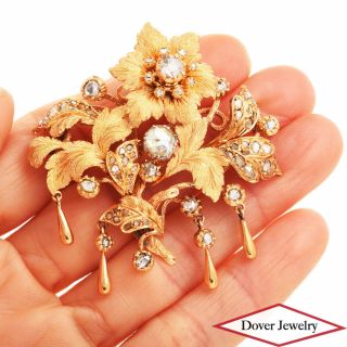 Antique Victorian 1.  50ct Rose Diamond 18k Gold Floral Bouquet Pin 25.  7 Grams Nr