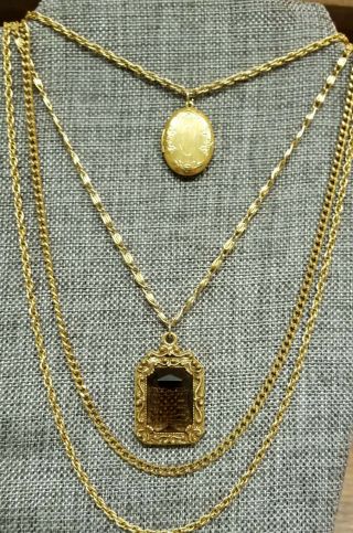 Vintage Goldette Gold Tone 4 Strand Amber Glass And Locket Necklace