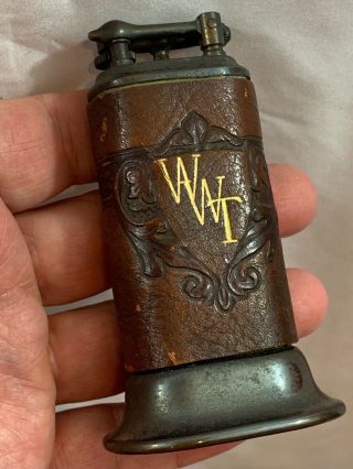 Vintage Lift Arm Table Lighter With Embossed Leather Wrap - Unmarked