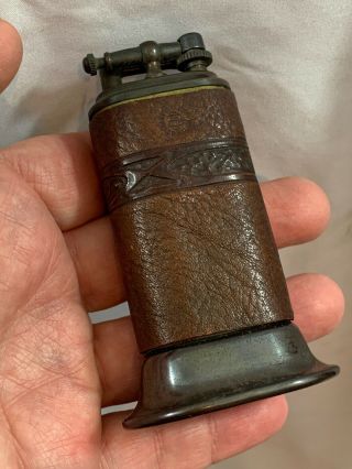 Vintage Lift Arm Table Lighter With Embossed Leather Wrap - Unmarked 3