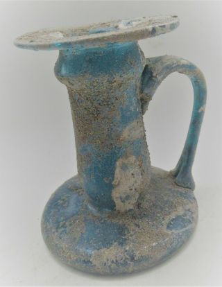 Circa 200 - 300ad Ancient Roman Iridescent Blue Glass Vessel With Handle
