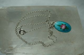 Vintage Sterling Silver Guilloche Enamel Pendant Rose Hand Painted Necklace