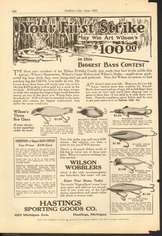 1921 Hastings Sporting Goods Wilson Wobblers Fishing Lure Hook Bass 18496
