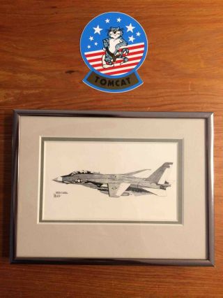 Navy Grumman F - 14 Tomcat Fighter Jet Print In Silver Frame And Tomcat Sticker