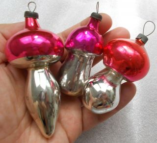 3 Vintage Russian Silver Glass Christmas Ornaments Xmas Tree Decoration Mushroom