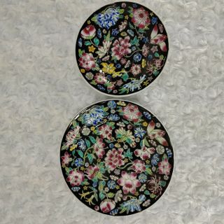 Vintage Chinese Black Famille Rose Porcelain Plates 2 Hand Painted Jingdezheng
