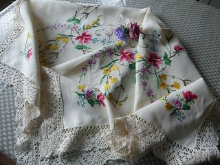 Vintage Hand Embroidered Linen Tablecloth=exquisite Trailing Flowers