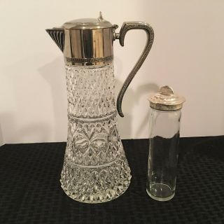 Vintage Crystal & Silver Plate Claret Jug Decanter W/ Rare Glass Ice Insert