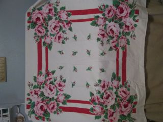 Red,  White,  And Pink Floral Table Cloth 1940s - 1950s Vintage
